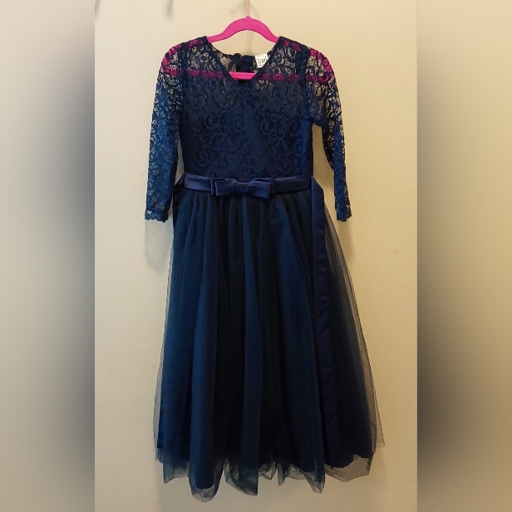 Charming Navy Lace Kids Dress with Bow